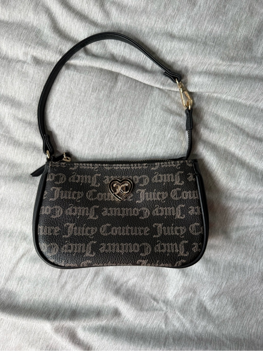 Juicy Couture Black Monogram Mini Shoulder Bag with Gold Heart Accent